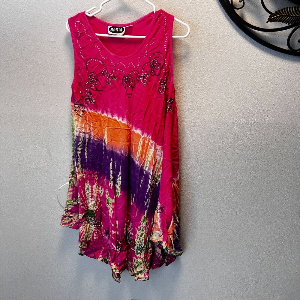 Mamta Women's Boho Tie-Dye Sleeveless Dress Hand Embroidered One Size